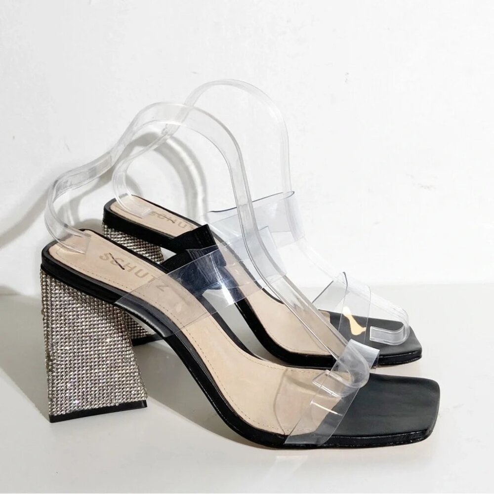 SCHUTZ Black Clear Block Heel Sandals with Rhinestone Heel